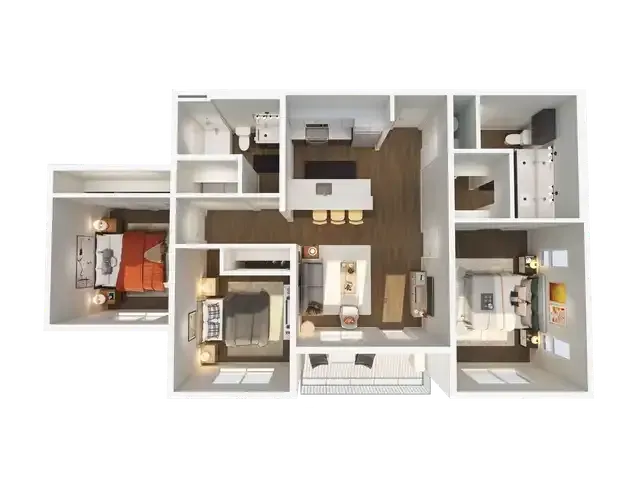 A 3d floor plan of an apartment with three bedrooms and a bathroom.