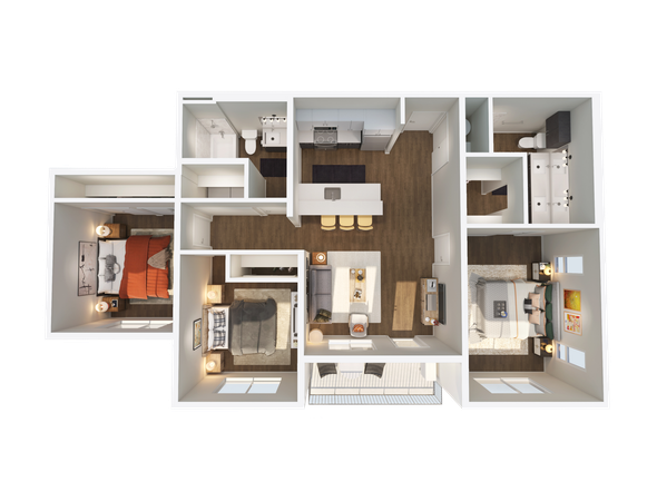 A 3d floor plan of an apartment with three bedrooms and a bathroom.