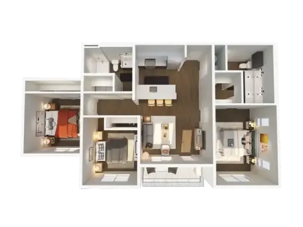A 3d floor plan of an apartment with three bedrooms and a bathroom.