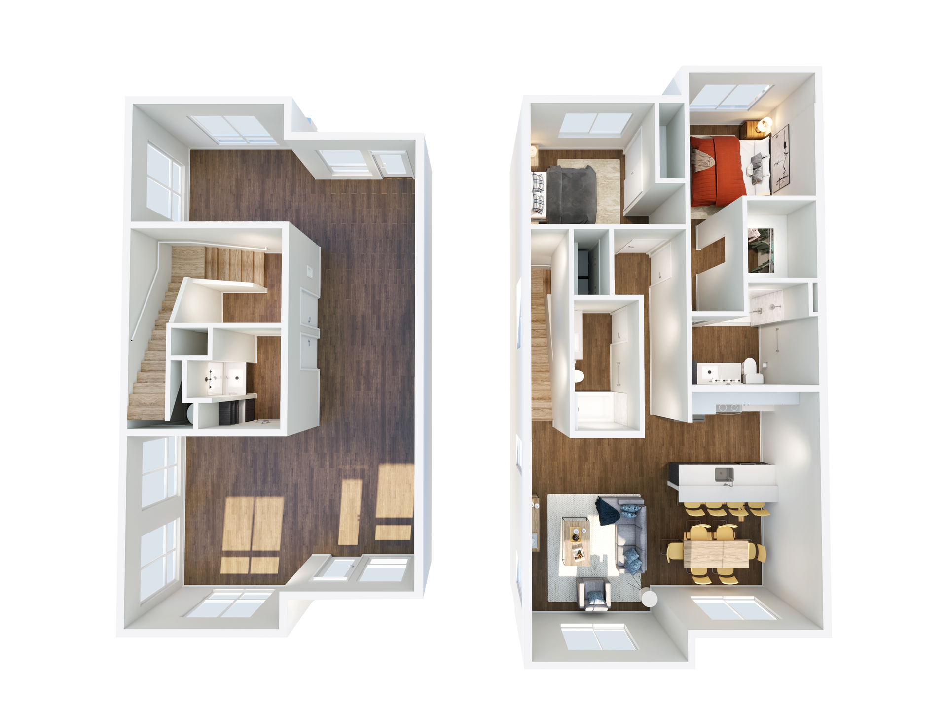 A 3d floor plan of a townhome with a staircase