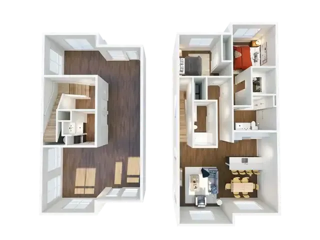 A 3d floor plan of a townhome with a staircase