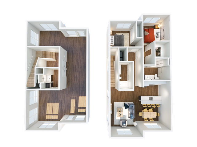 A 3d floor plan of a townhome with a staircase