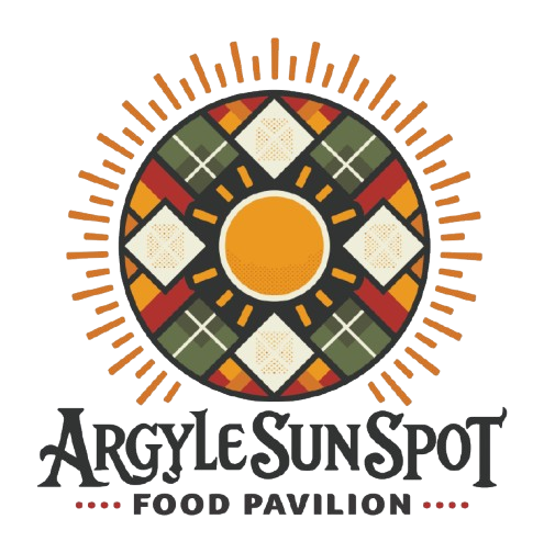 Logo for Argyle Sun Spot food pavilion: circular stained-glass design with sunburst rays, text below.
