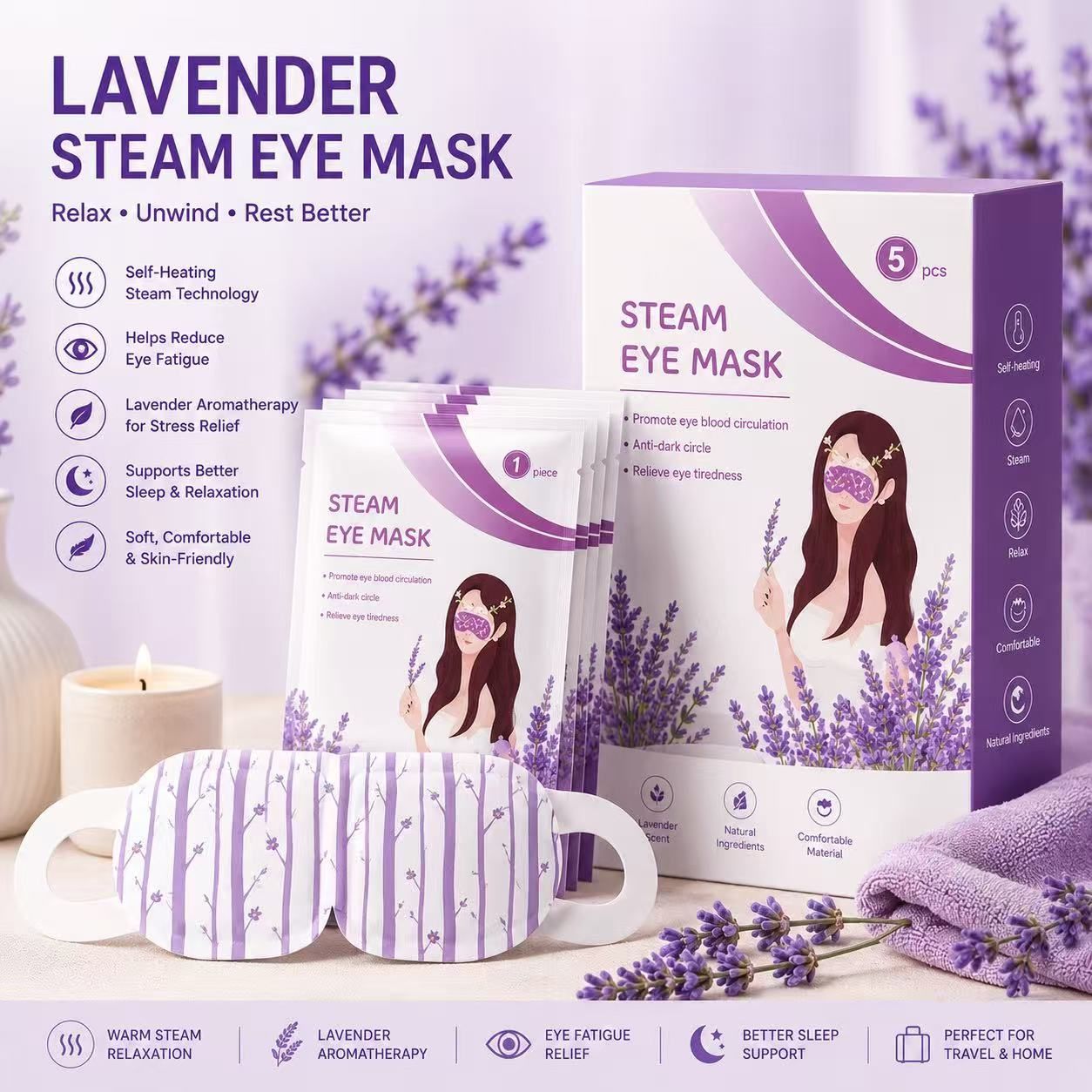 Lavender Self-Heating Steam Eye Mask (5 Pack)