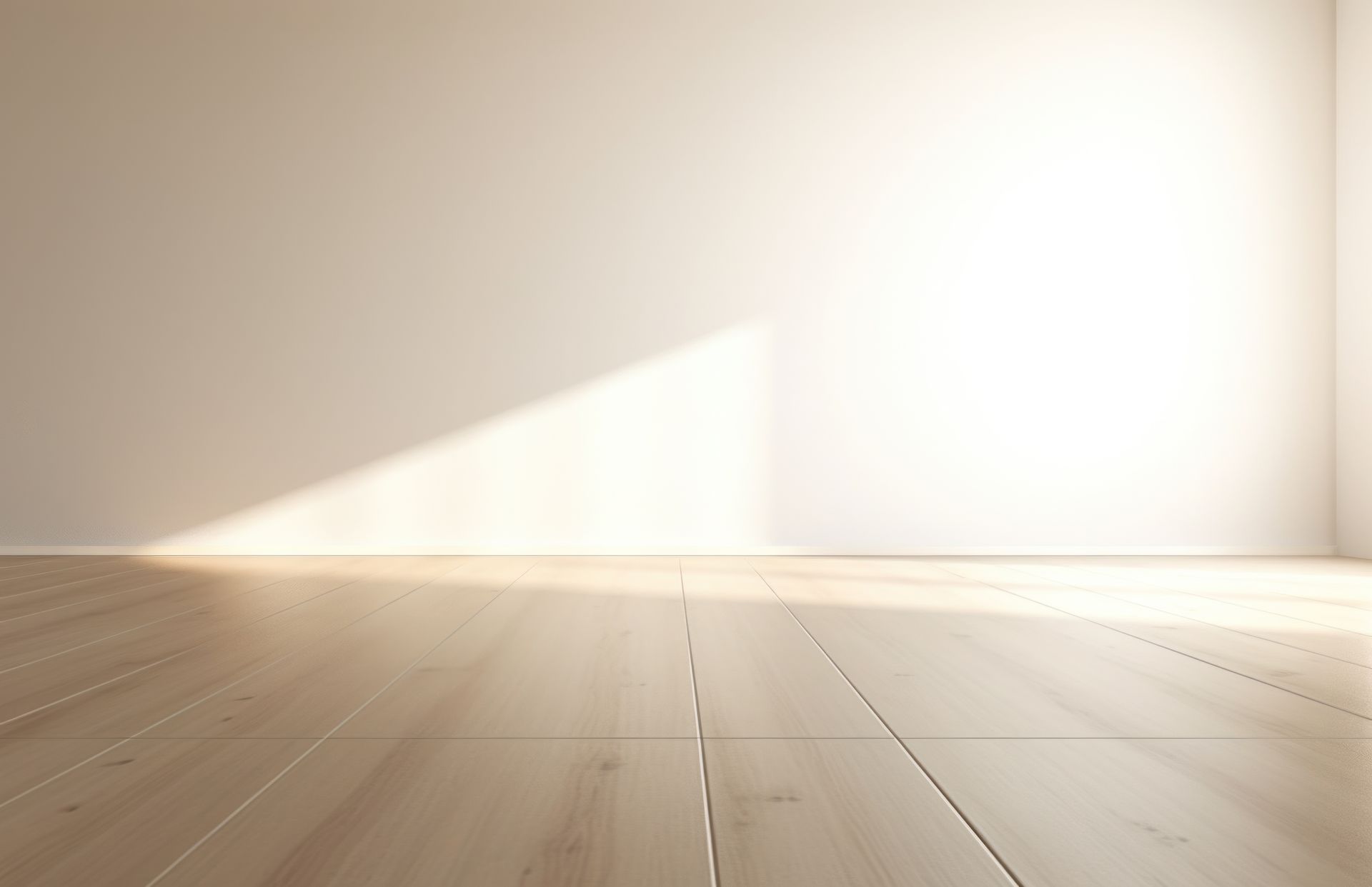 The sun is shining through the window in an empty room with a wooden floor.