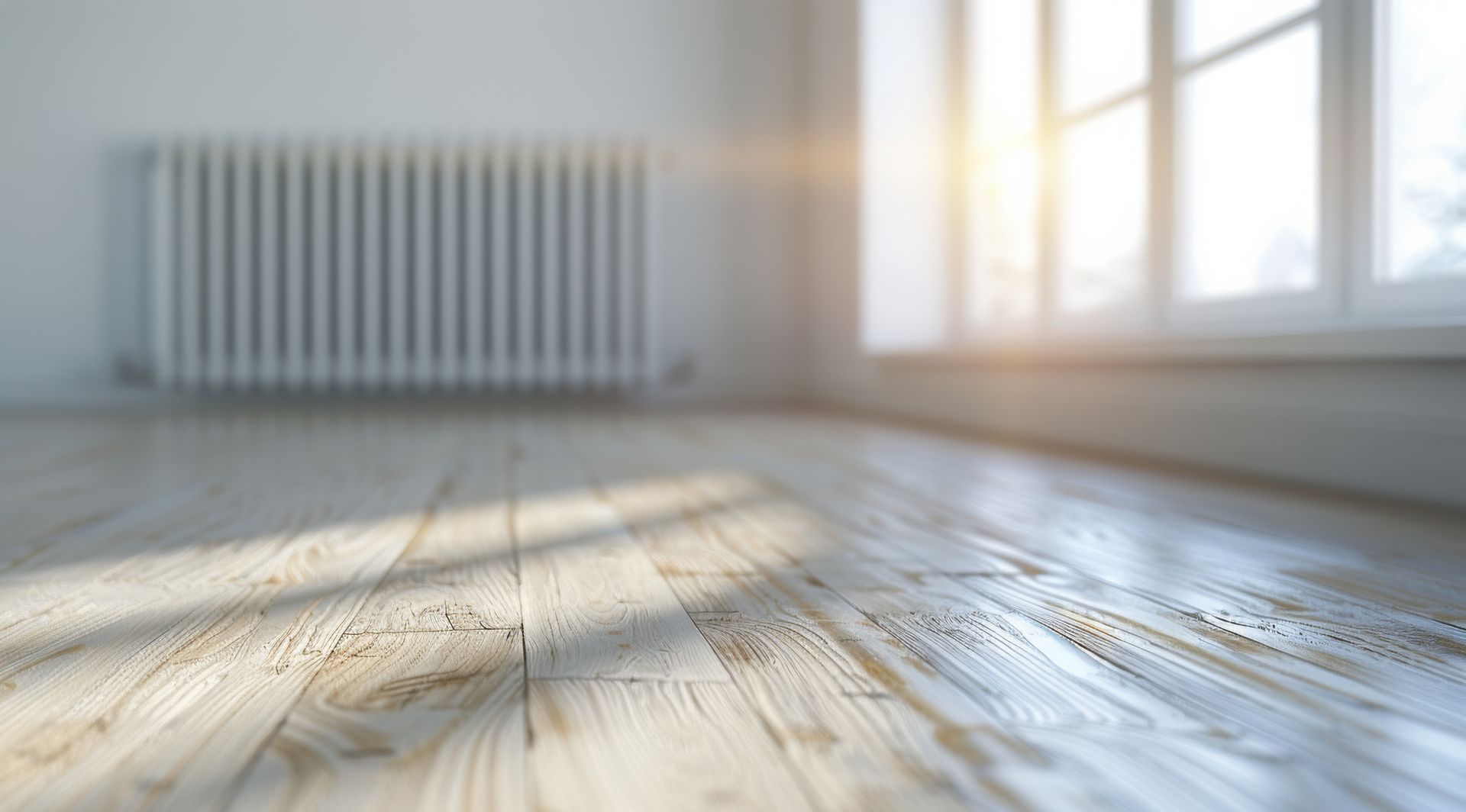 An empty room with a wooden floor and a radiator.