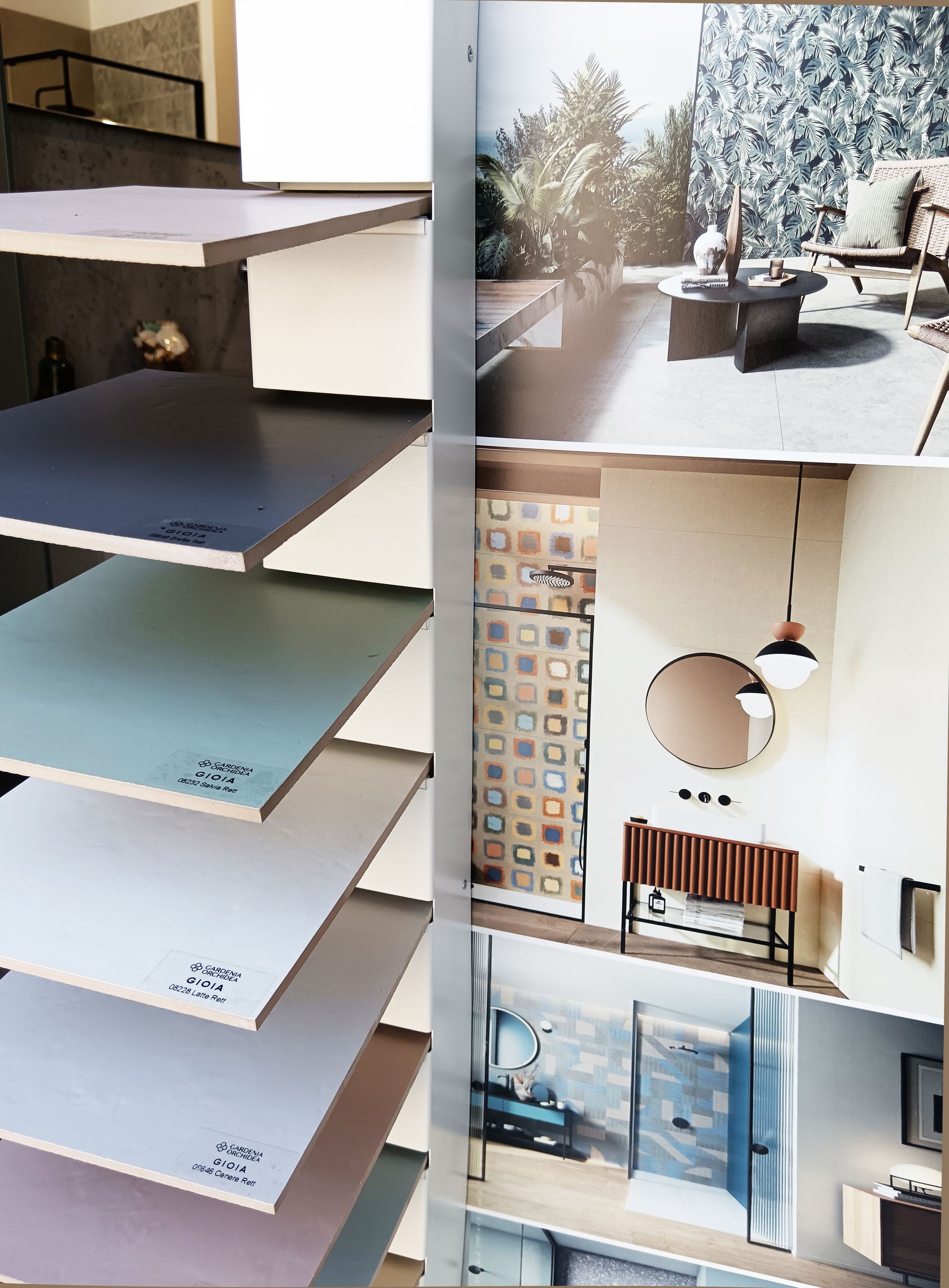 Un collage di immagini mostra un soggiorno e un bagno