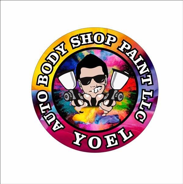 Logo: Man with spray guns, "AUTO BODY SHOP PAINT LLC YOEL" in a colorful circle.