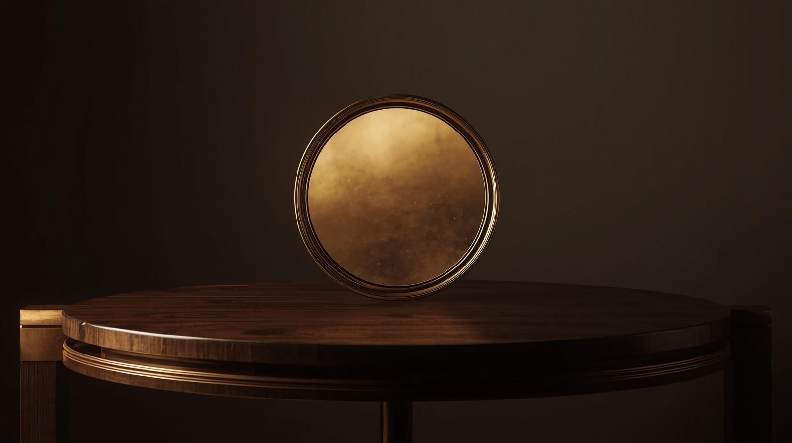 Golden disk-shaped object spinning on a wooden table, against a dark background.