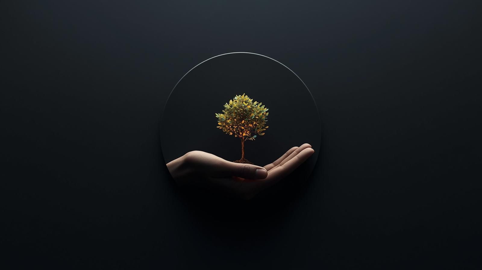 Hand cradling a golden tree, within a dark circular frame, against a black background.