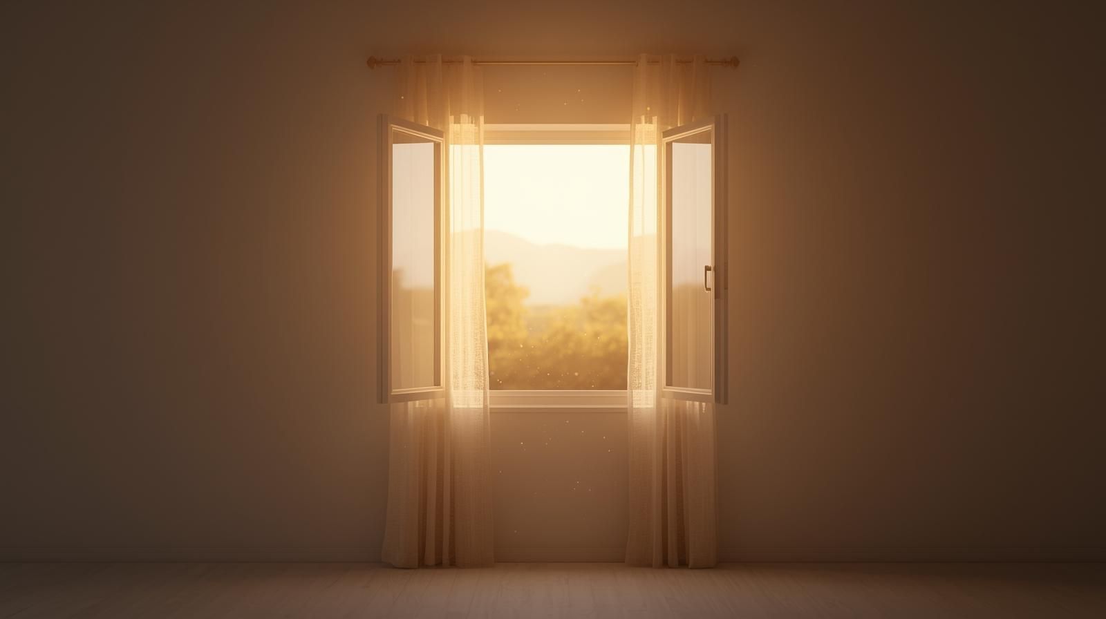 Open window with sheer curtains, letting in golden sunlight and a view of trees and mountains.