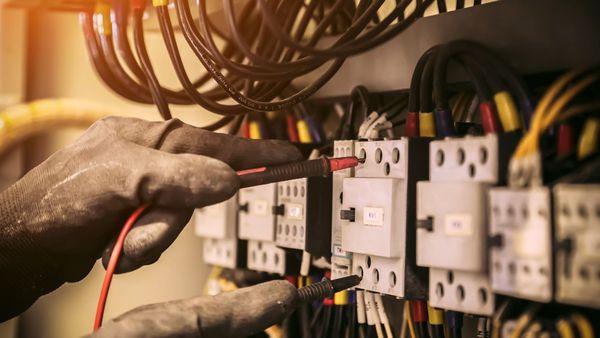 An electrician is working on an electrical panel.