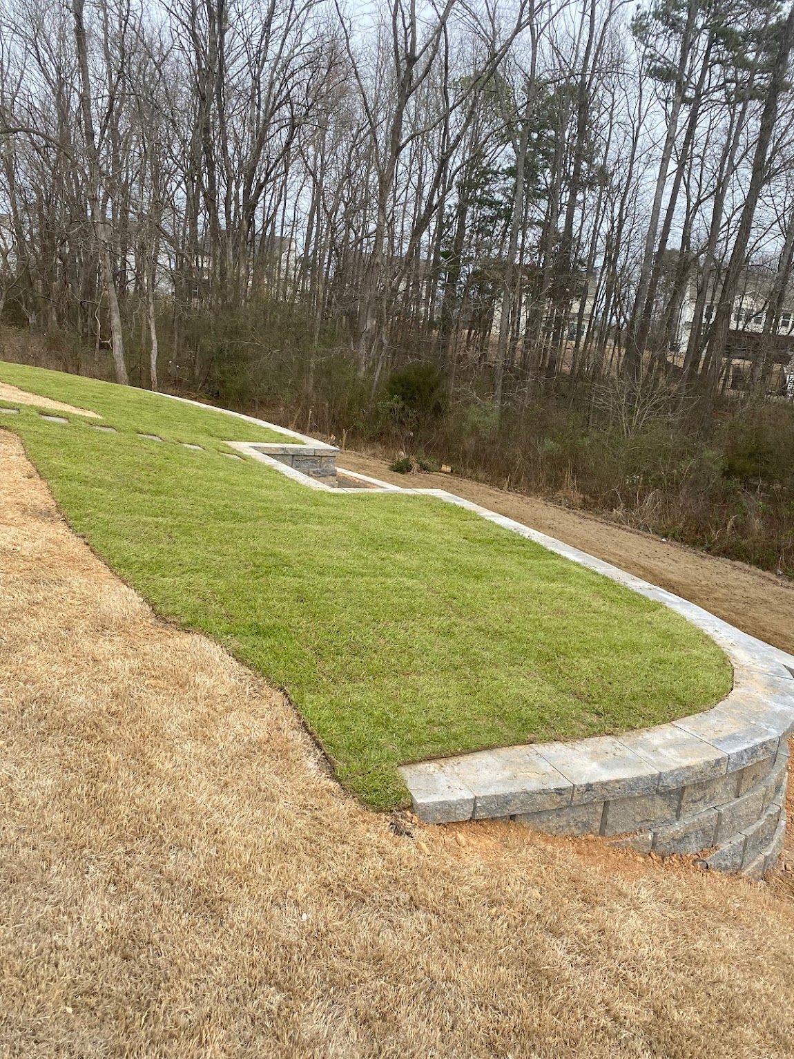 Green lawn framed by a stone retaining wall against a background of brown brush and bare trees.