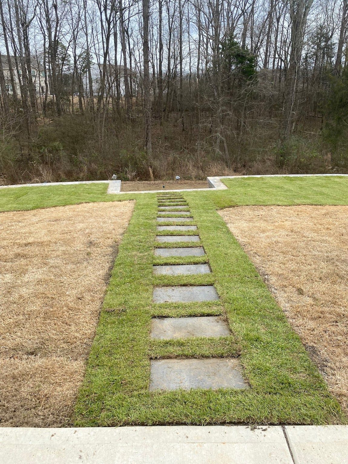 Stone path through grass leading to a concrete structure, with a backdrop of trees.