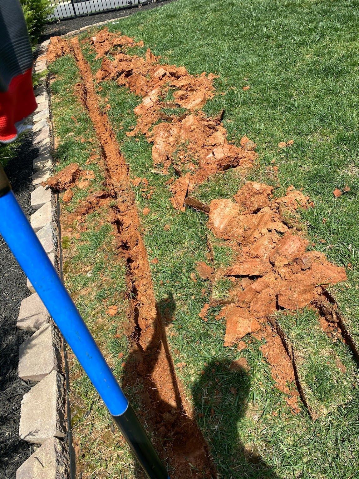 A shovel with a blue handle digs a trench in a grassy lawn near a paved border.