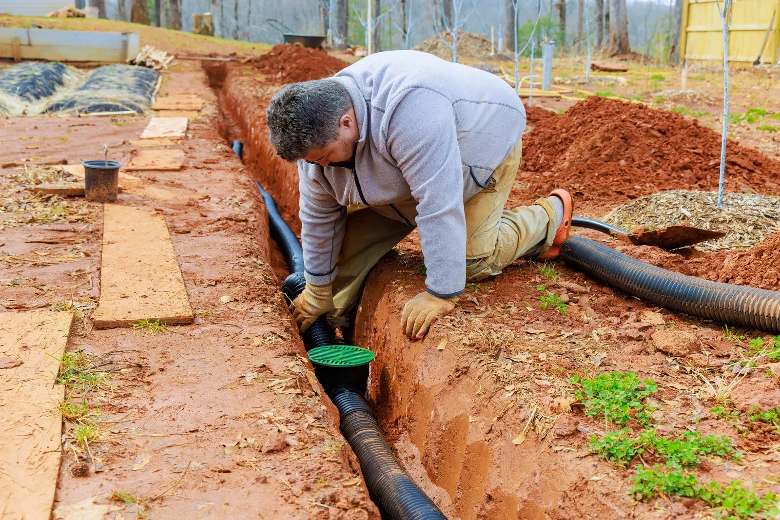 Two concrete pipes discharging water into a waterway.