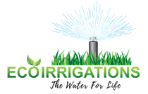 Logo for Eco Irrigations: sprinkler spraying water over green gras, with the text “Eco Irrigations” and “The Water For Life”.