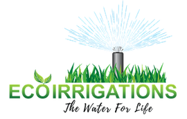 Logo for Eco Irrigations: sprinkler spraying water over green gras, with the text “Eco Irrigations” and “The Water For Life”.