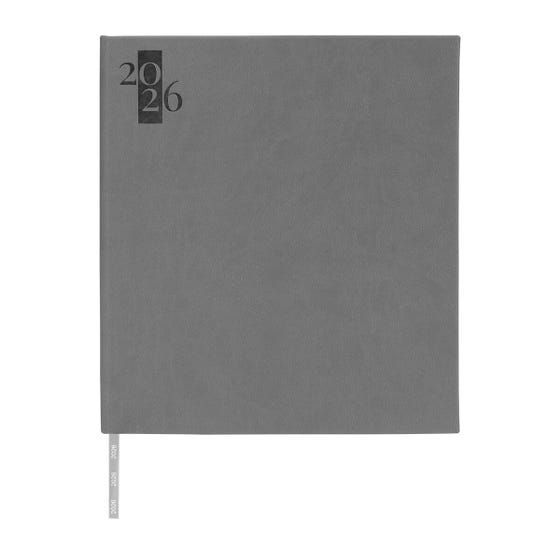 Una agenda gris de 2026 con un diseño minimalista de texto negro 