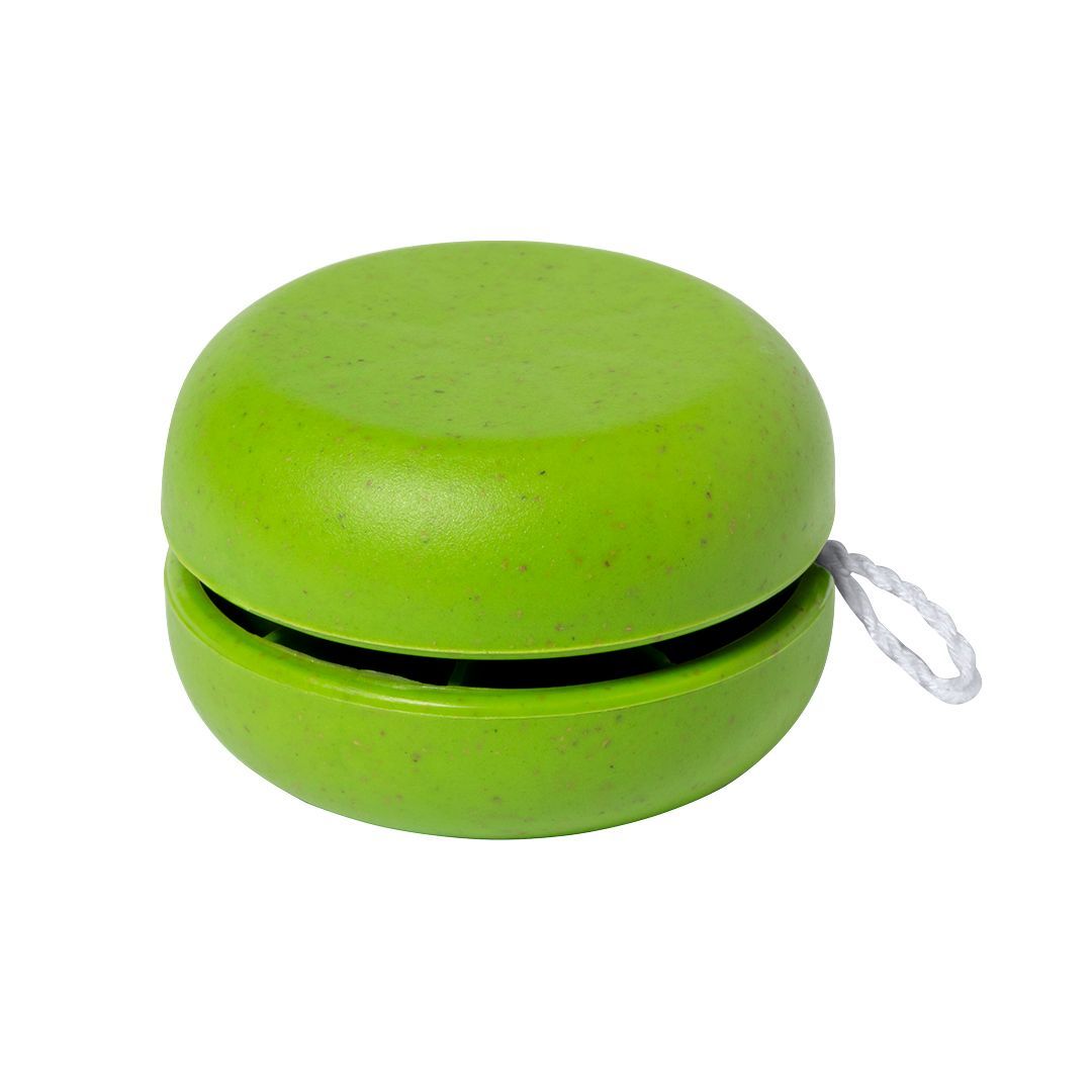 Un yo-yo de madera de color verde lima con una cuerda blanca atada, centrado sobre un fondo blanco liso.