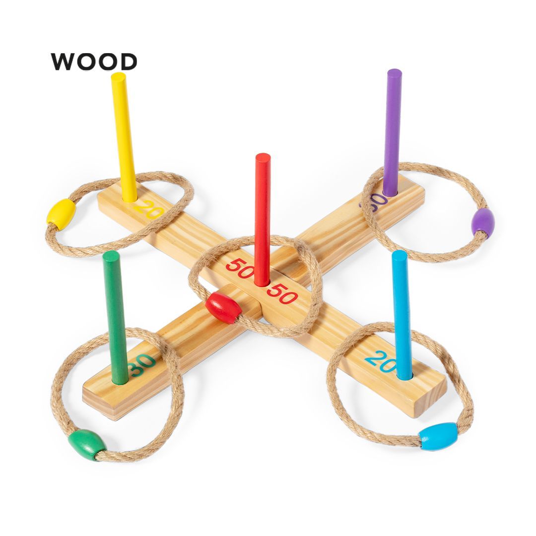 Un juego de lanzamiento de aros de madera con una base en forma de cruz, cinco clavijas de colores y cinco aros de cuerda, cada uno con una cuenta a juego.