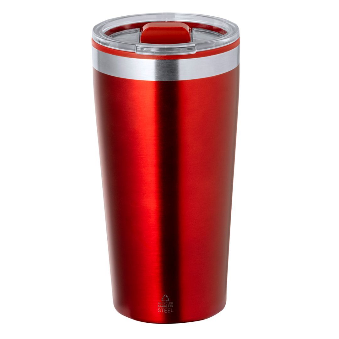 Un vaso térmico de viaje de color rojo metalizado con tapa transparente y una banda plateada cerca del borde superior.