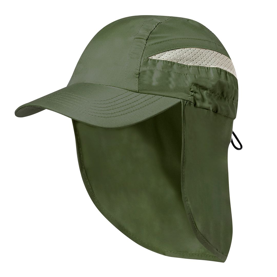 Sombrero de sol verde oliva con solapa protectora para el cuello, paneles laterales de malla para ventilación y cordón ajustable en la parte trasera.