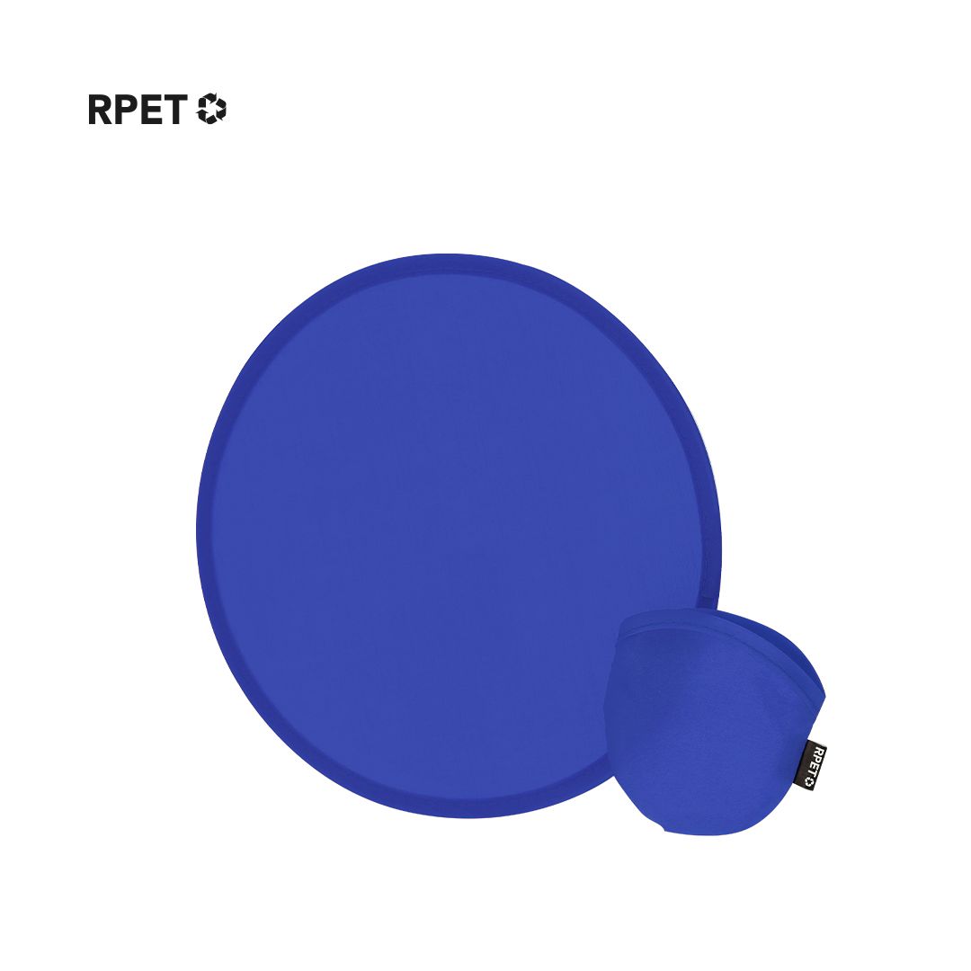 Un abanico circular azul plegable, junto a su pequeña funda a juego. La etiqueta 