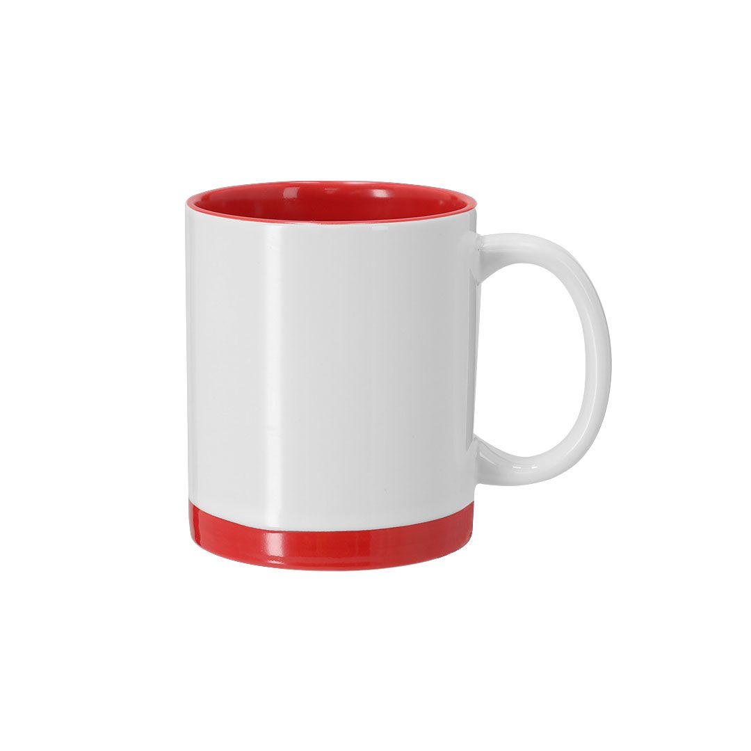 Una taza de cerámica blanca con interior rojo y base roja, sobre un fondo blanco.