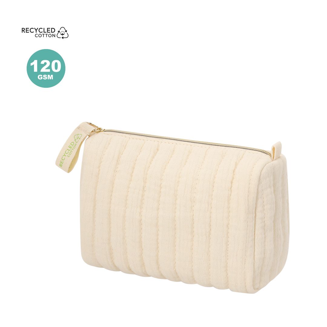 Un estuche rectangular de tela acolchada color crema con cremallera, etiquetado como algodón reciclado de 120 g/m².