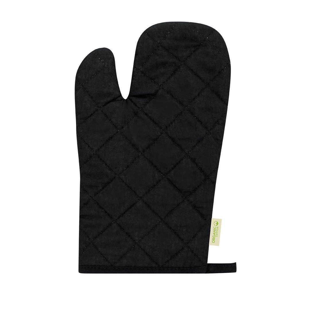 Un guante de cocina negro acolchado con una pequeña etiqueta de color claro en el lateral, aislado sobre un fondo blanco.