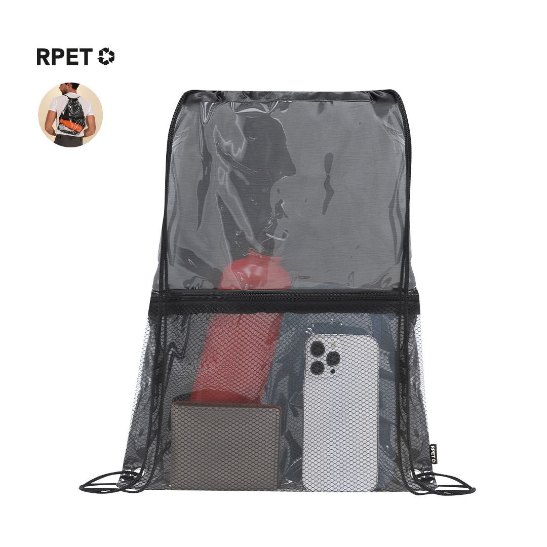 Una mochila negra con cordón ajustable, fabricada en malla y material transparente, que deja ver un teléfono y una cartera en su interior.