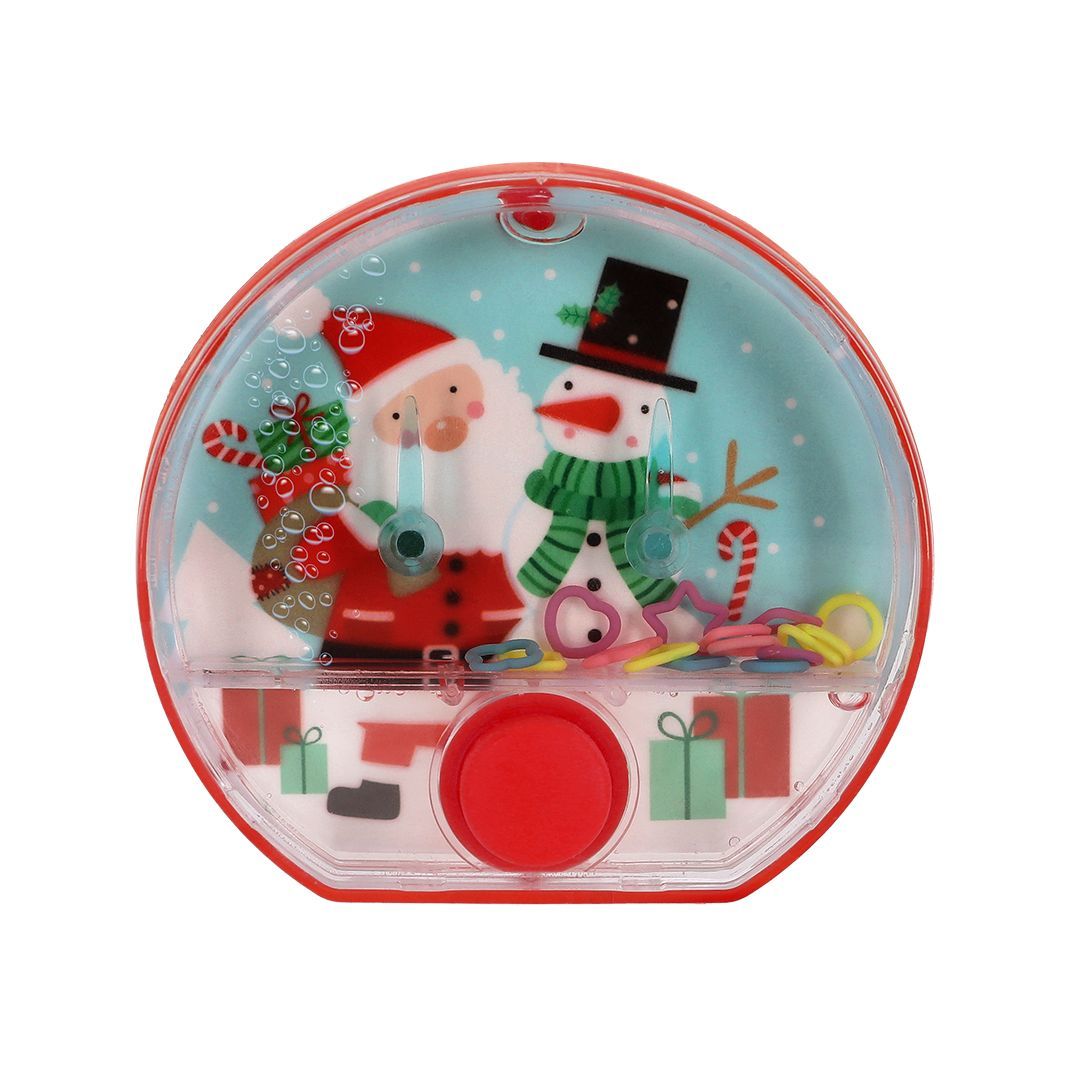 Un juego de lanzamiento de aros de agua con temática navideña, protagonizado por Papá Noel y un muñeco de nieve, con aros de colores y un botón rojo.