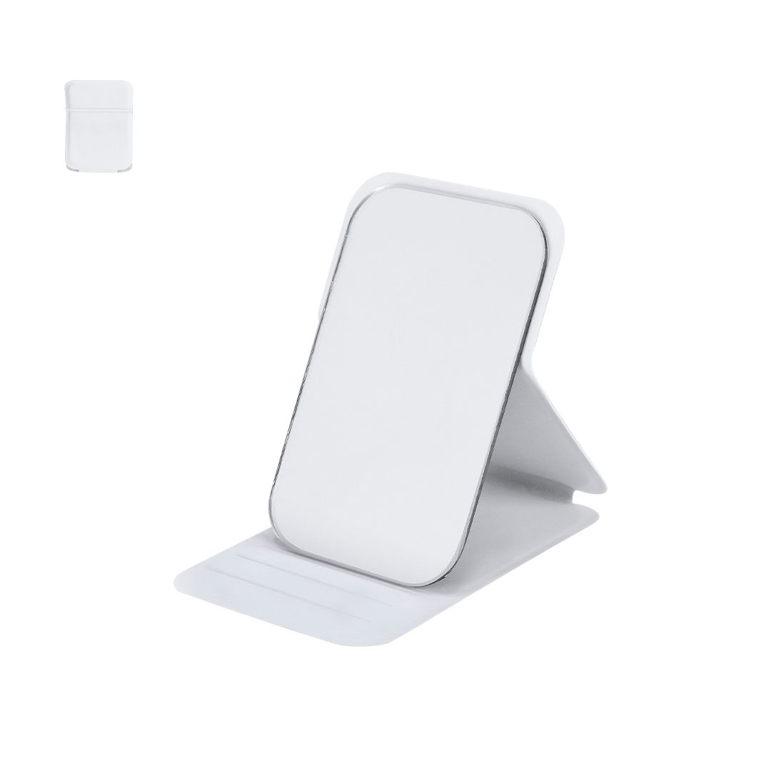Un espejo de tocador blanco, rectangular, con soporte plegable, expuesto en posición vertical y abierta.