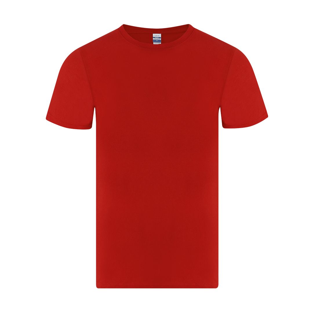 Una camiseta roja de manga corta y cuello redondo centrada sobre un fondo blanco liso.