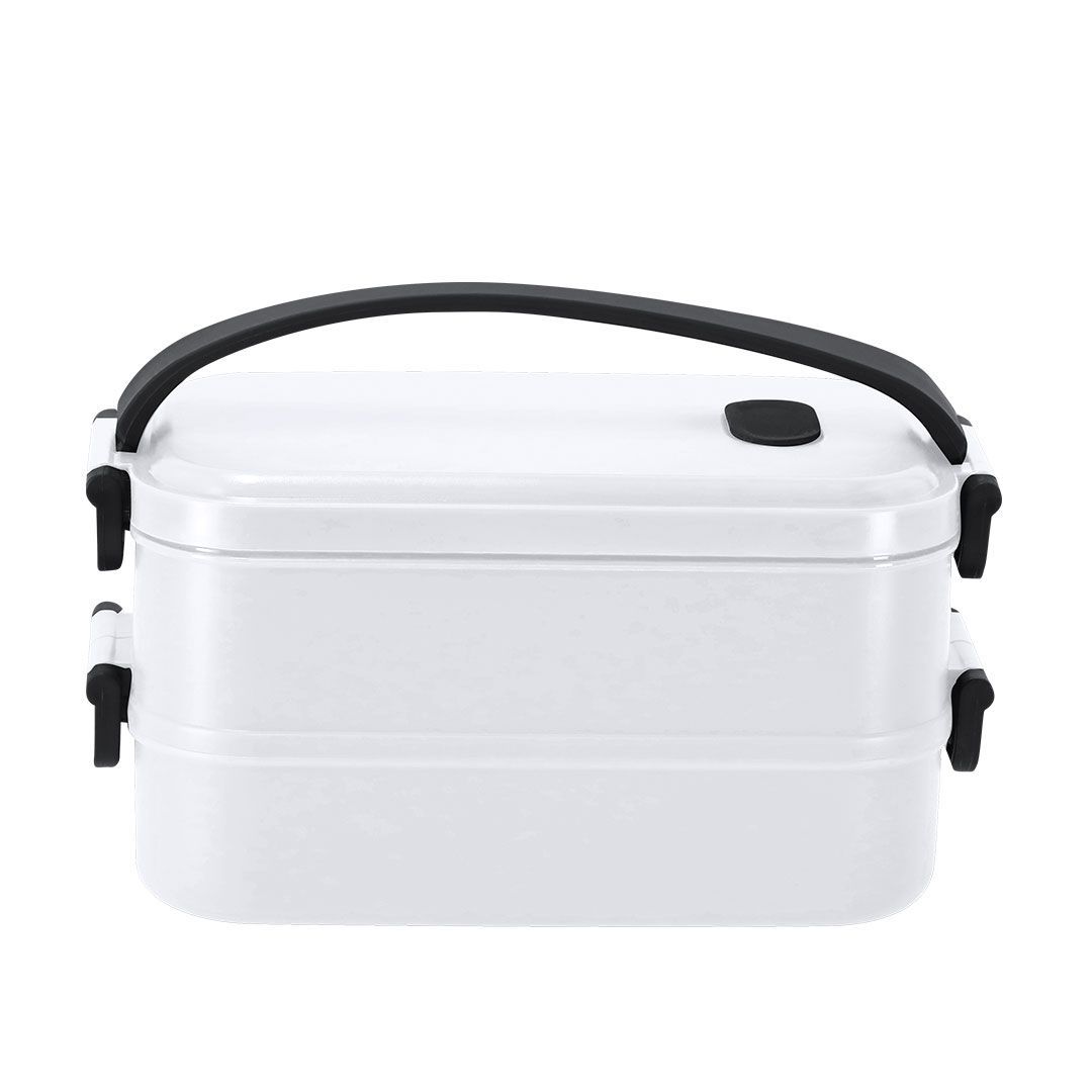 Una fiambrera bento rectangular blanca de dos niveles con asa de transporte negra y cierres laterales sobre un fondo blanco liso.