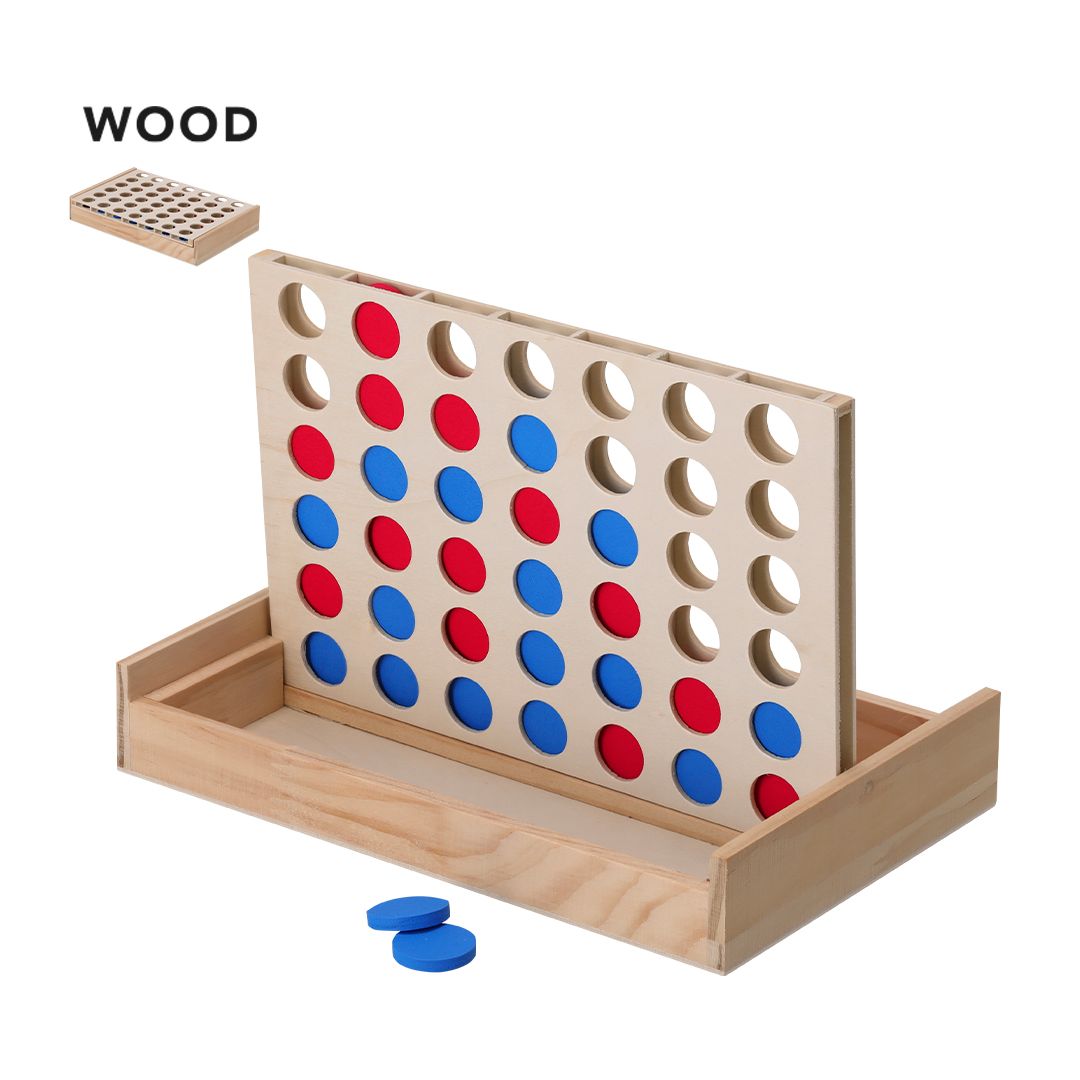 Un juego de mesa de madera Conecta Cuatro con una partida a medio terminar y fichas azules y rojas.