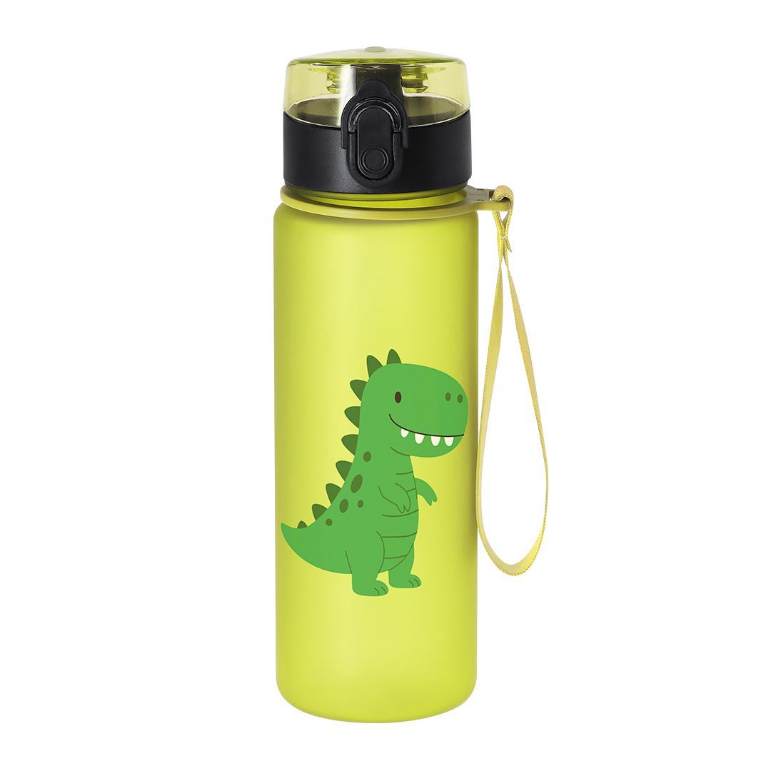 Una botella de agua reutilizable de color verde lima con una simpática ilustración de un dinosaurio verde de dibujos animados y una correa de transporte a juego.