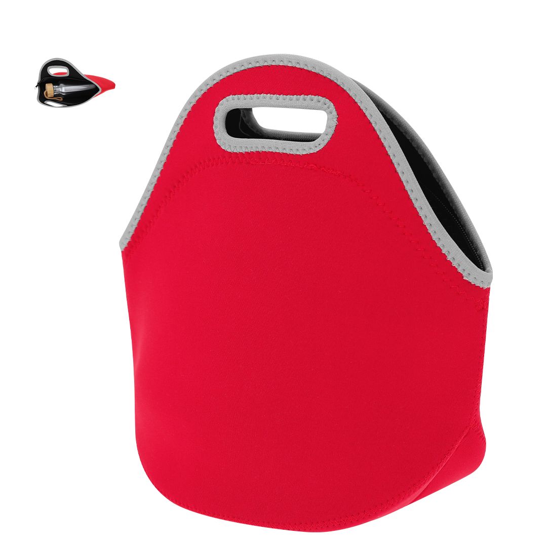 Una bolsa de almuerzo de neopreno rojo con ribete gris claro y asa recortada, mostrada desde una perspectiva frontal.