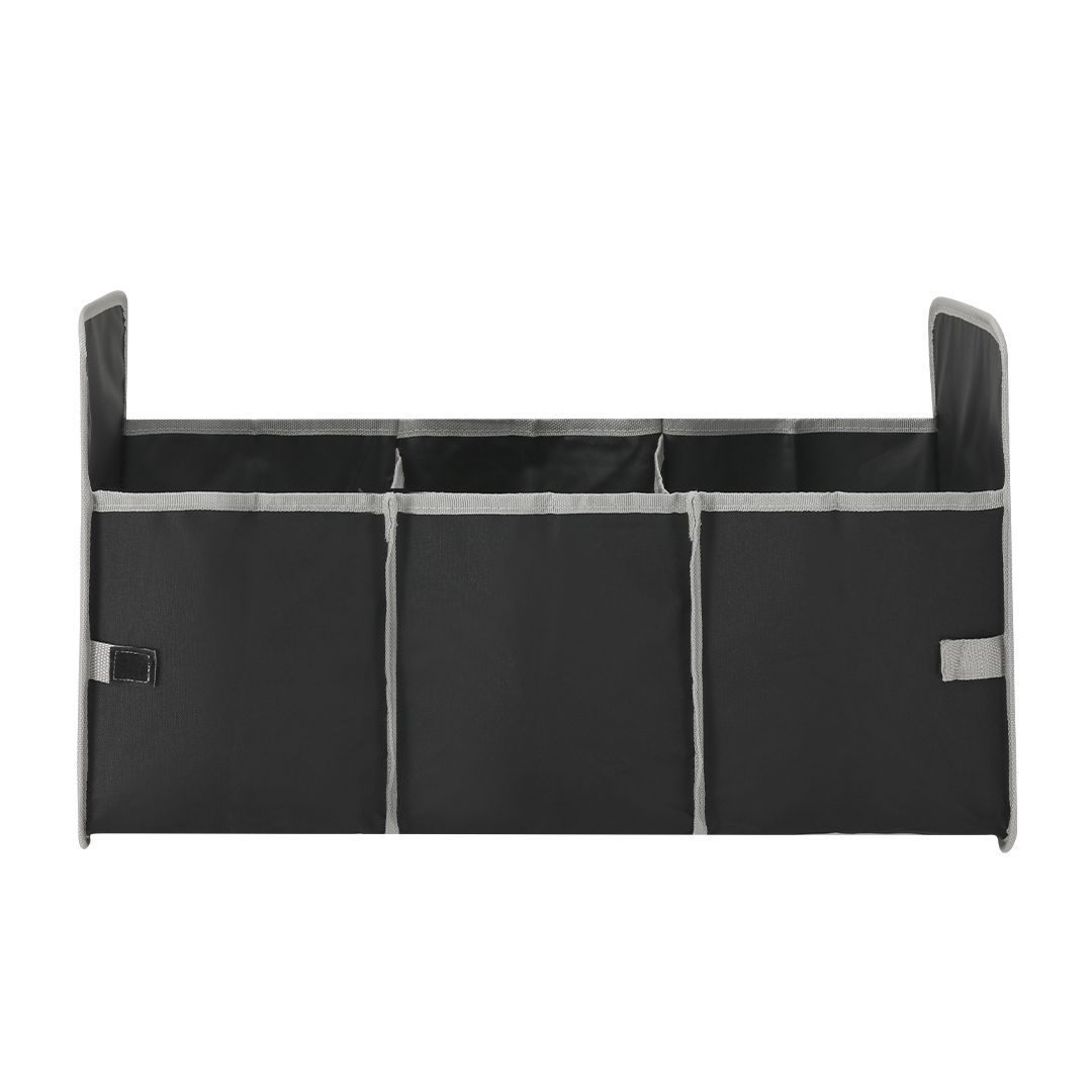 Organizador de maletero para coche, de color negro, rectangular y plegable, con tres compartimentos interiores y ribete gris.
