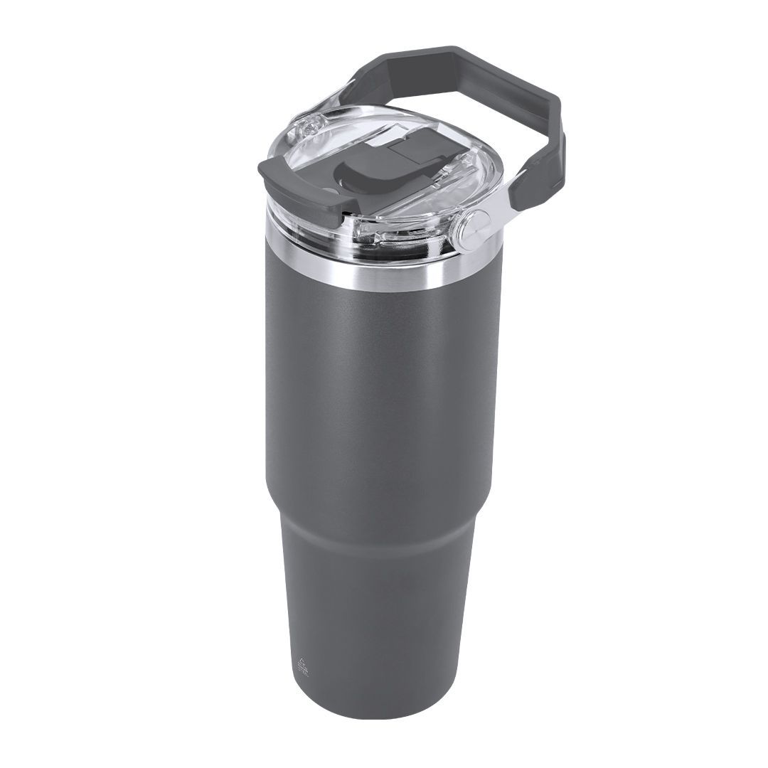 Un vaso térmico de acero inoxidable gris oscuro con tapa transparente y asa gris.