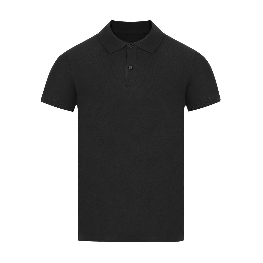 Una camisa polo negra de manga corta con cuello y tapeta de dos botones, sobre un fondo blanco liso.