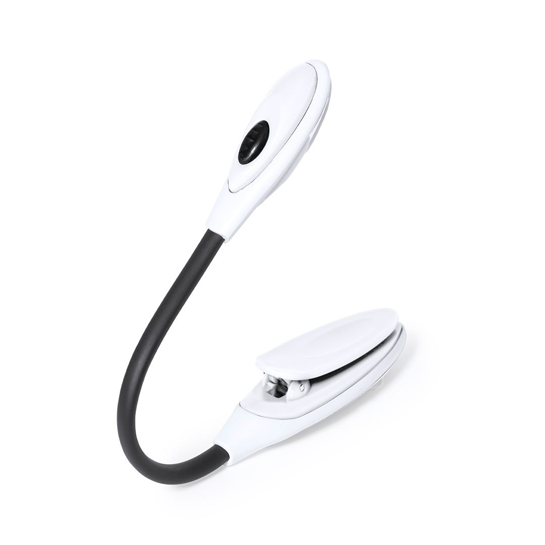 Una lámpara de lectura blanca, portátil y con clip, con un cuello flexible negro sobre un fondo blanco.