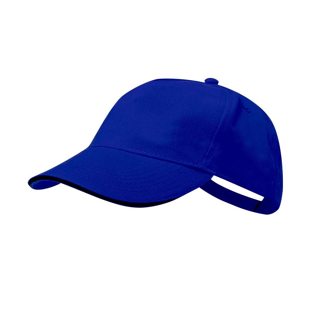 Una gorra de béisbol azul marino lisa vista de perfil.