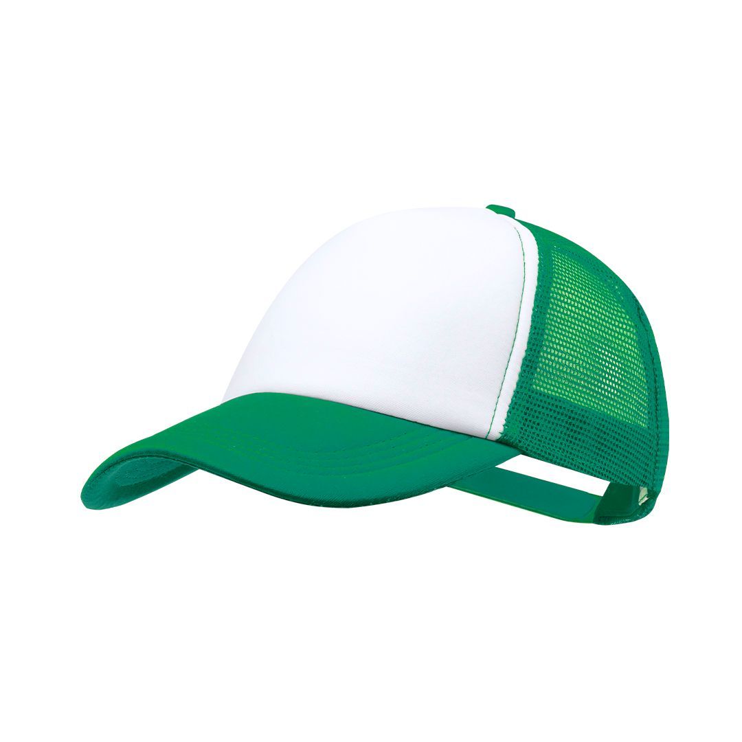 Una gorra de béisbol estilo camionero de color verde y blanco, con panel frontal blanco, visera verde y parte trasera de malla verde.