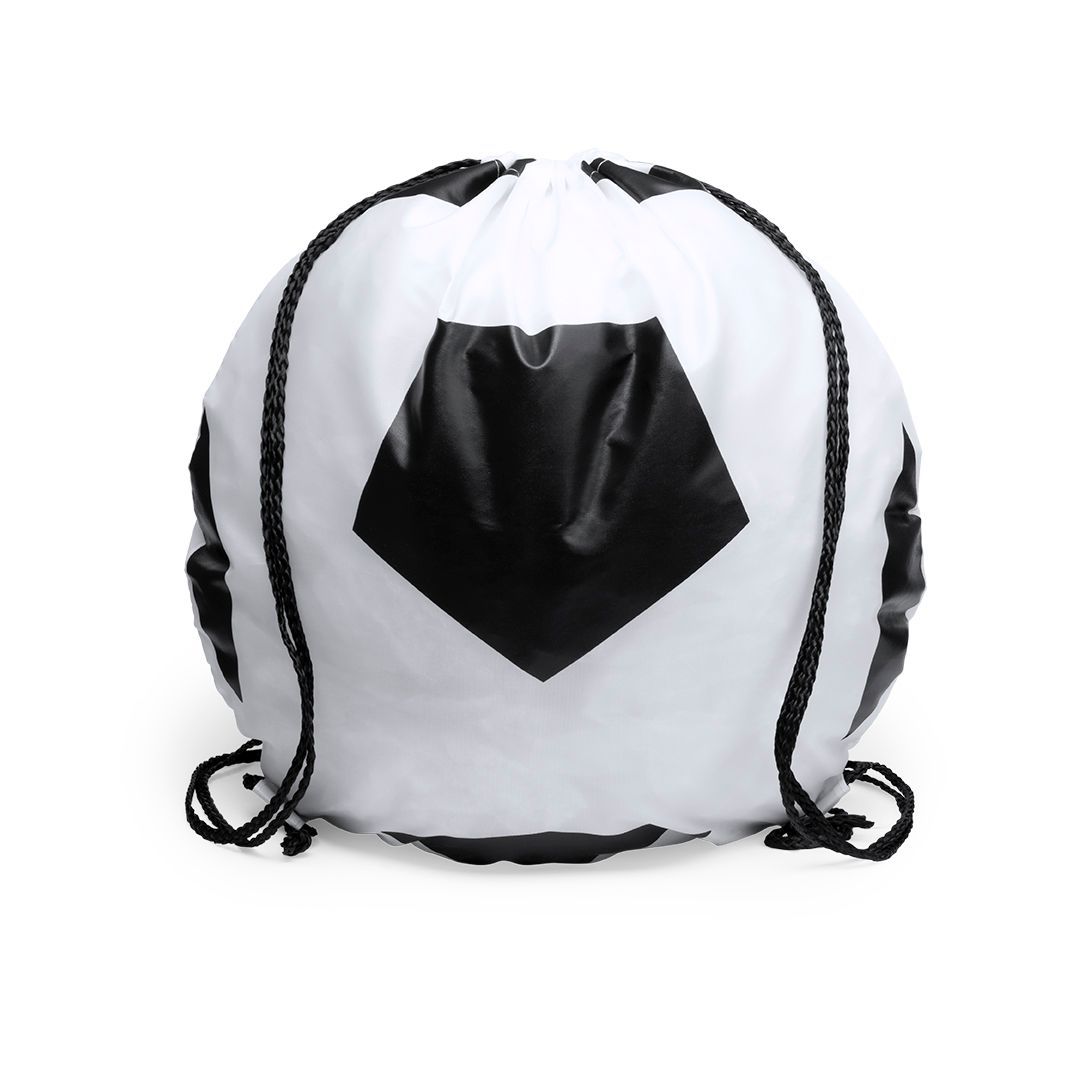Una mochila blanca y negra con cordón ajustable, diseñada para parecer un balón de fútbol sobre un fondo blanco.
