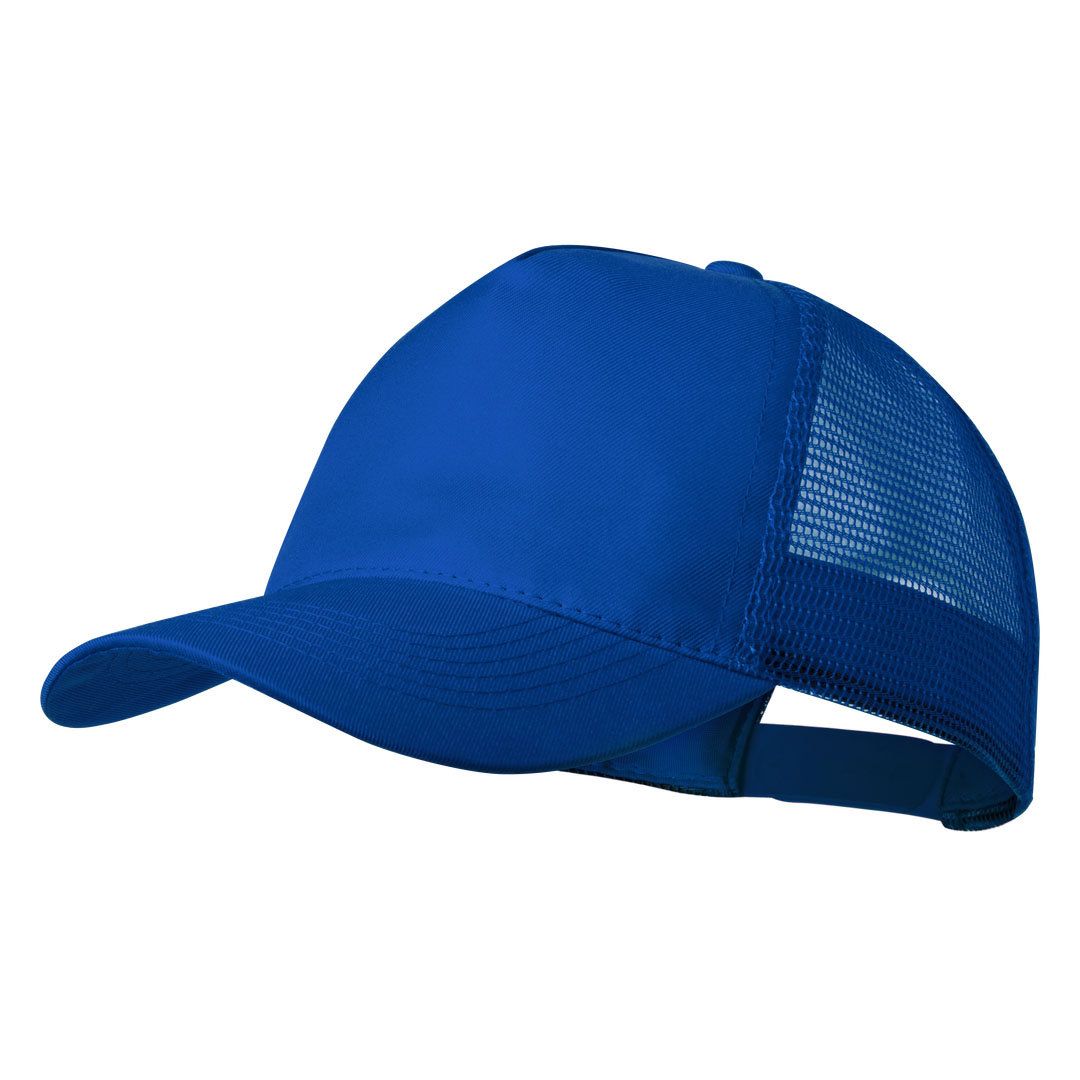 Una gorra de béisbol lisa de color azul marino con panel trasero de malla, mostrada de perfil sobre un fondo blanco.