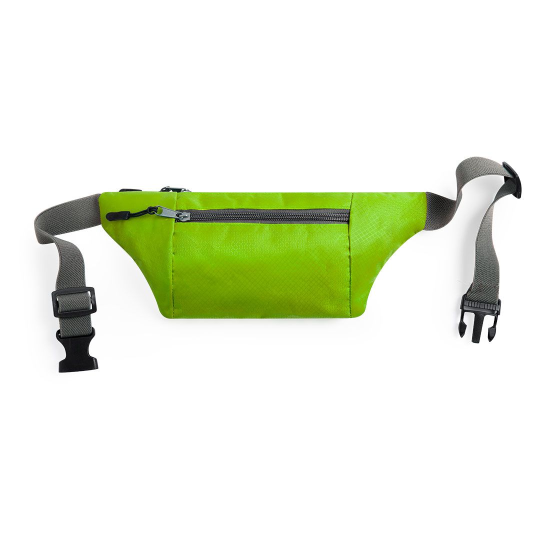 Una riñonera de color verde neón brillante con un bolsillo gris con cremallera y una correa ajustable con hebilla negra.