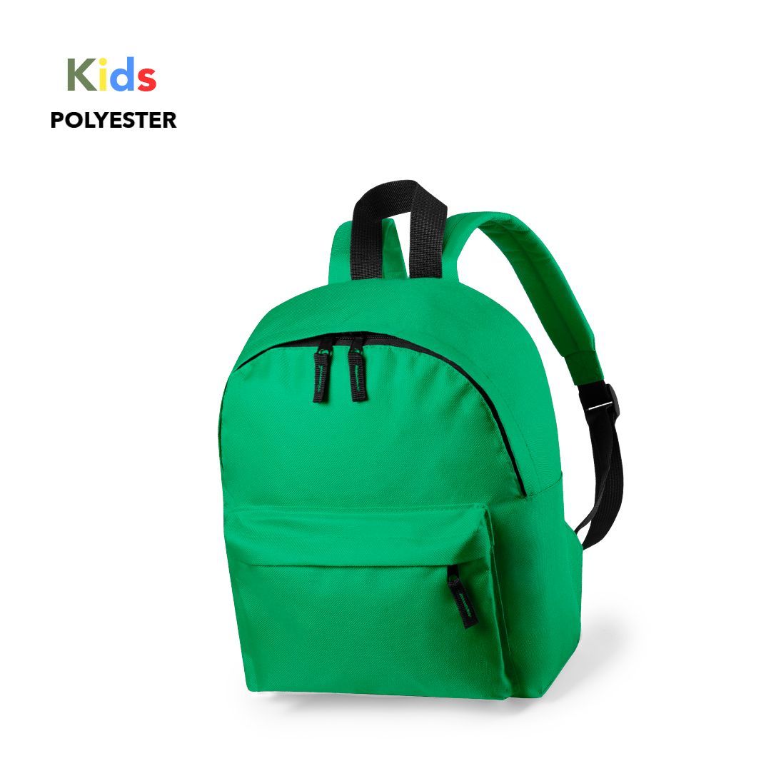 Una mochila infantil de poliéster de color verde brillante con un compartimento principal, un bolsillo frontal y correas negras para los hombros.