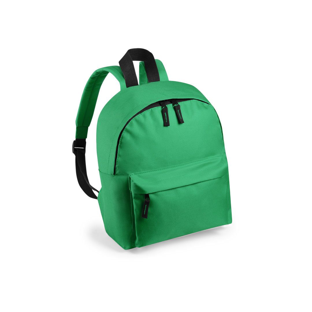 Una mochila de color verde brillante con correas negras y dos compartimentos con cremallera.